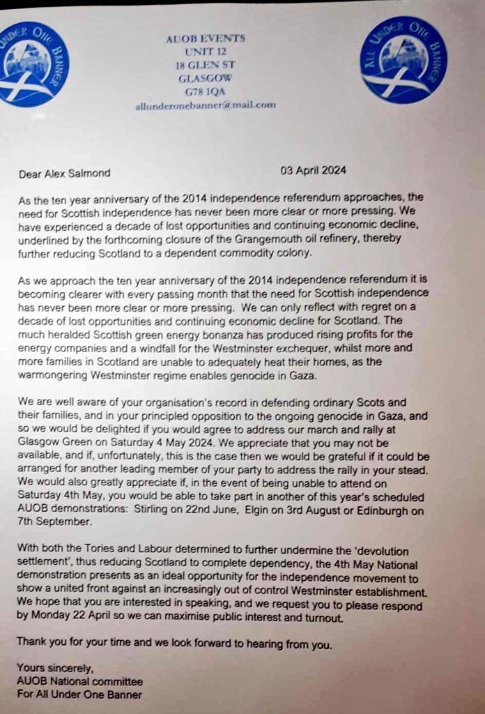 Today we send our letter to @AlexSalmond Leader of the @AlbaParty - regarding the 4 May Glasgow march and rally, and this year's National demonstrations #AUOB