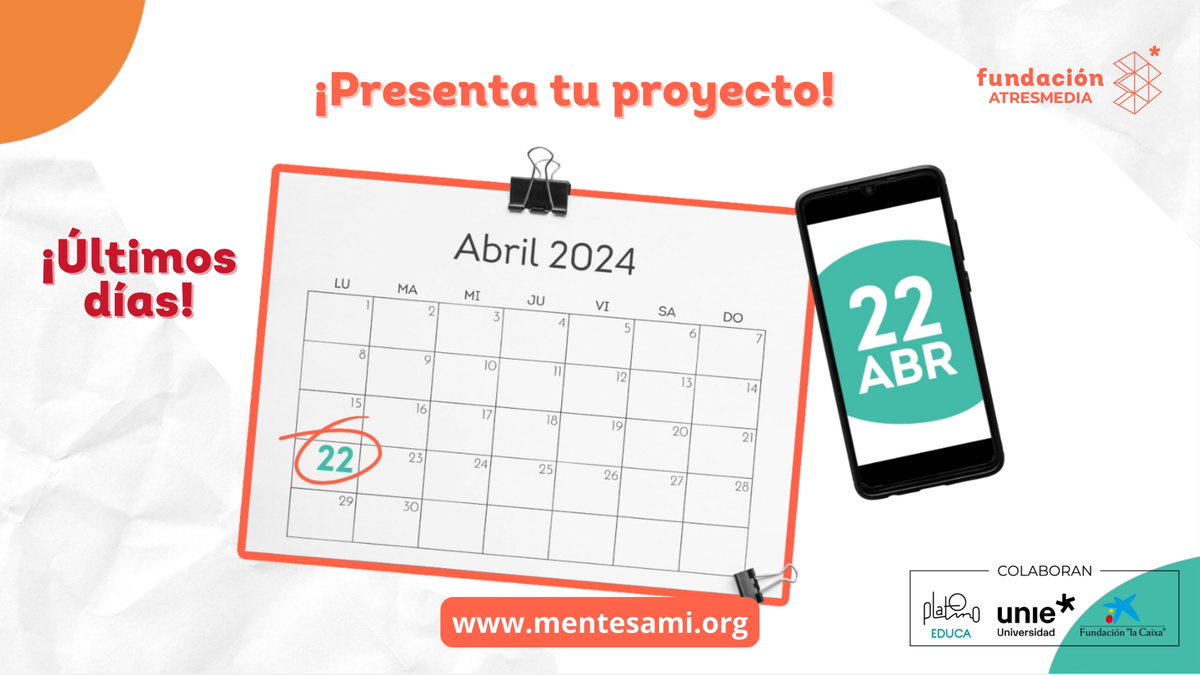 ¡Últimos días para presentar tu proyecto a #MentesAMI de @FundATRESMEDIA! 📲 Entra en mentesami.org para conocer toda la información. 💡 Sólo hasta el 22 de abril.