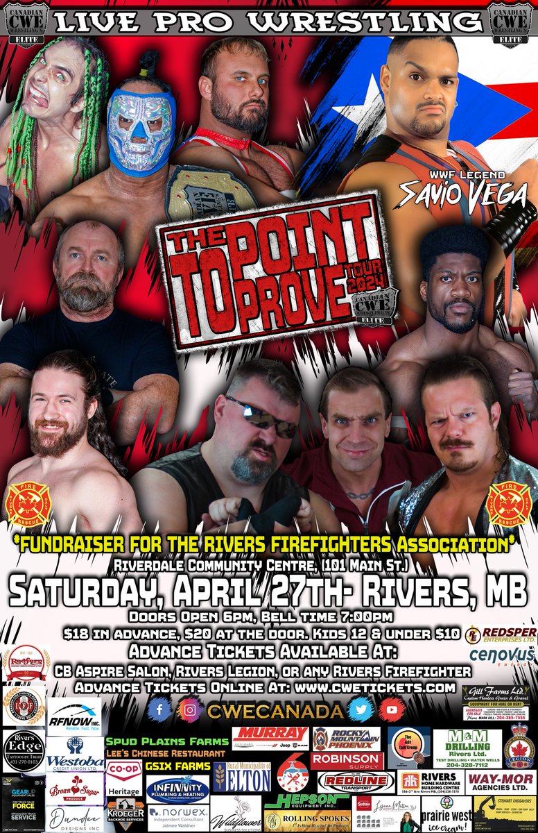 Apr 27 @CWECanada #Rivers #Manitoba Ft #WWF #Legend @SavioVega @HotshotDannyD @josh_cheeks @MightyLokombo @kevinjhcannon @shaunmartens @KevinODoyle1 @TGCTS & more! #cwe #wrestling #westman #bdnmb