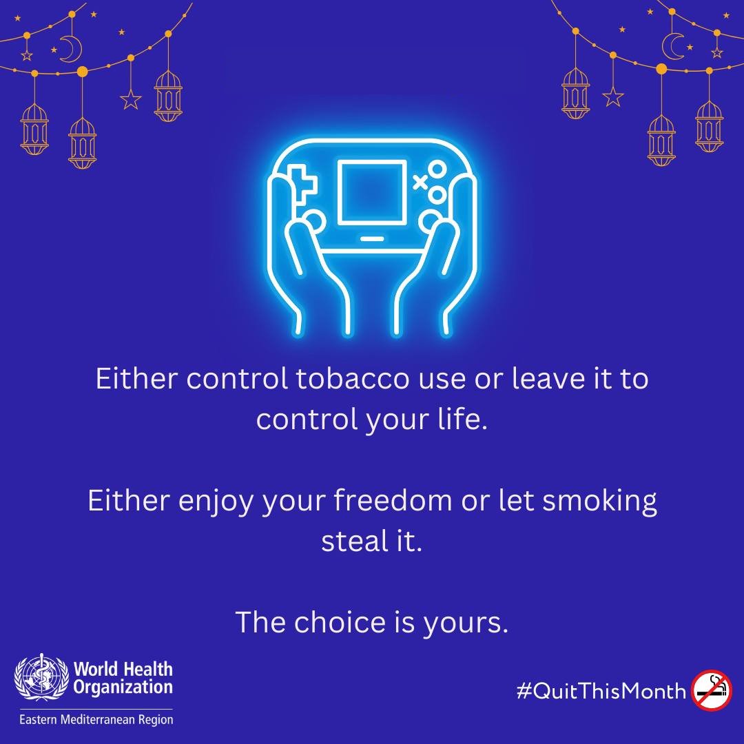 Either control tobacco use or leave it to control your life. Either enjoy your freedom or let smoking steal it. The choice is yours. #QuitThisMonth for a healthier tomorrow for yourself and your loved ones. #HealthForAll