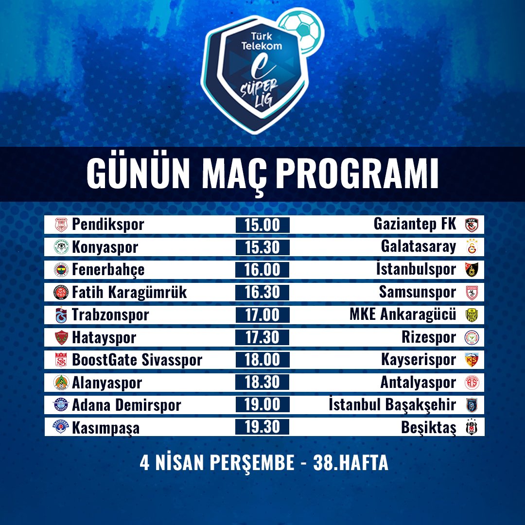 Türk Telekom eSüper Lig’de 38. Haftanın programı.👇 #TÜRKTELEKOMeSüperLig