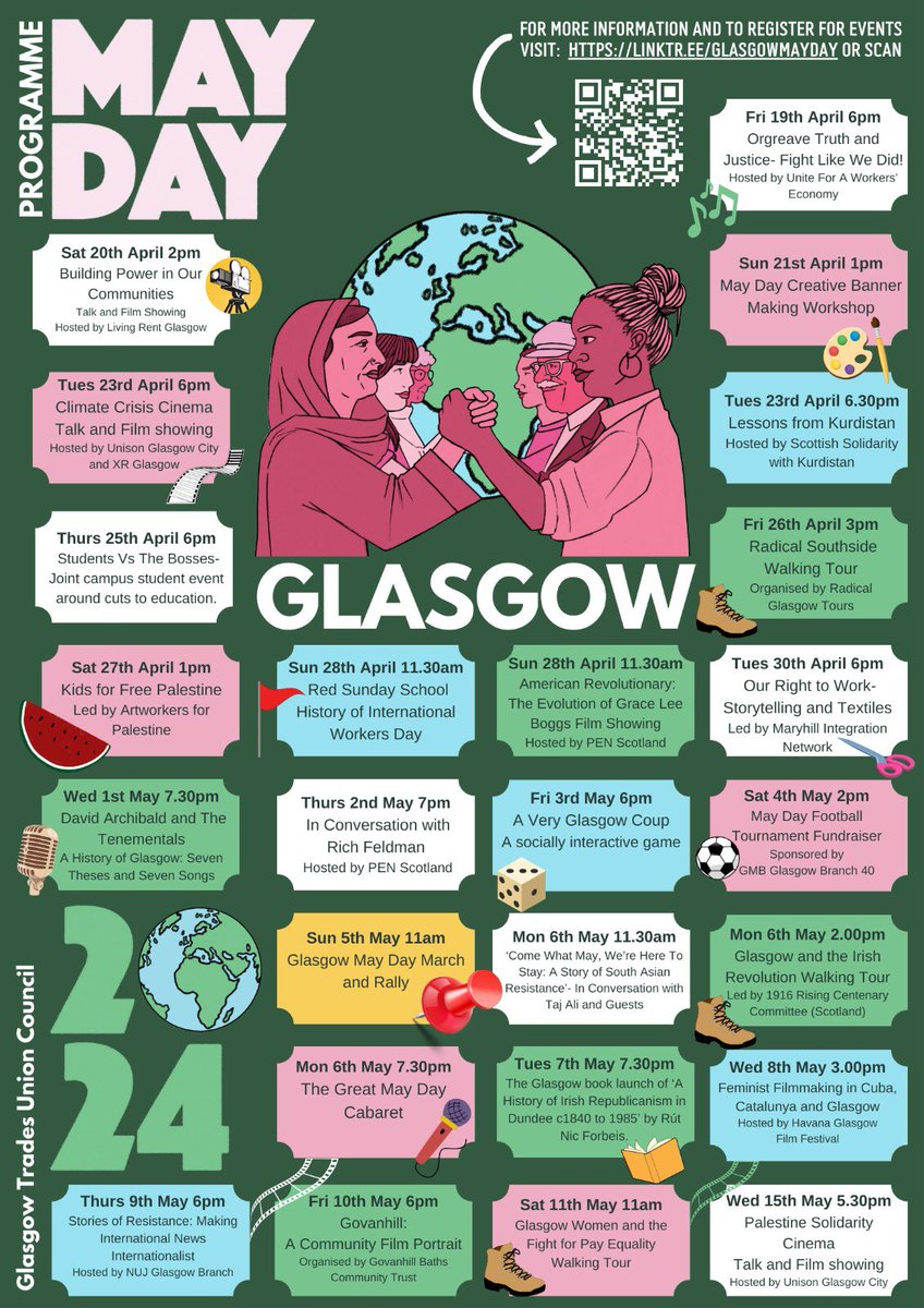 Our #GlasgowMayDay 2024 Programme is here! This year’s theme focuses on how we build a movement that is truly internationalist. 🌍 Our programme is a celebration of workers, our stories, communities, shared histories, organising &amp; resistance. All info- linktr.ee/glasgowmayday