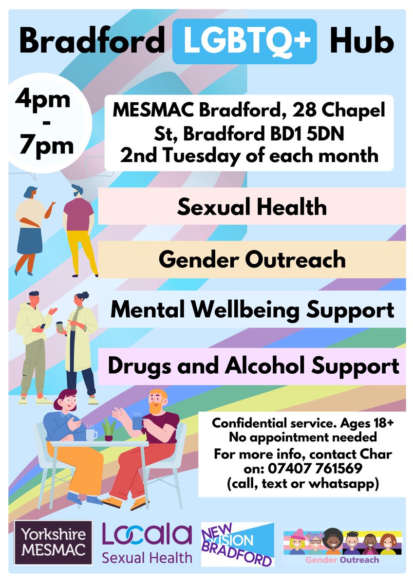 There is less than a week to go until the next Bradford LGBTQ+ Hub- Tuesday 9th April, 4pm- 7pm 🏳️‍🌈

Have a look below  for more information and more dates 😊

#lgbtqcommunity #lgbtqiaplus #bradford