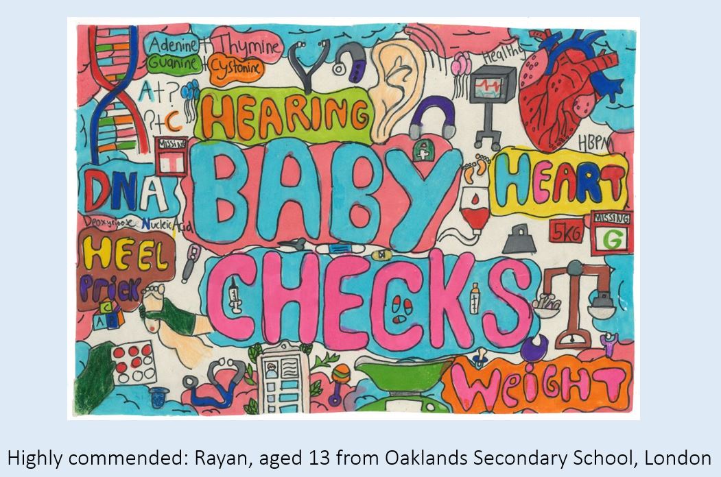 This week we're pleased to share this colourful & informative entry by Rayan from Oaklands Secondary School, from our art competition exploring screening newborn babies for disease. You can take a look at all of the finalists here: cpm.ox.ac.uk/centre-for-per… #screening #genomics