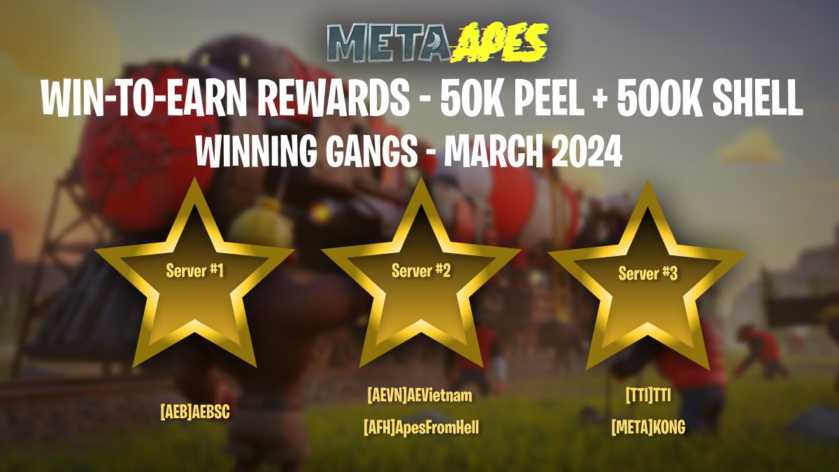 🏆 March Win-to-Earn champions (50k $PEEL+ 500k SHELL)! 🎉 Congrats: 🏅[AEB]AEBSC 🏅[AEVN]AEVietnam 🏅[AFH]ApesFromHell 🏅[TTI]TTI 🏅[META]KONG docs.google.com/spreadsheets/d… We're working on something special. Stay tuned!😎