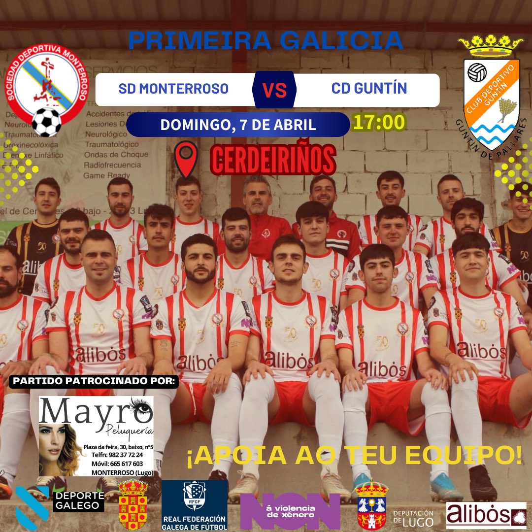 ⚠️ XORNADA 28 ⚠️

➡️ Partido patrocinado por peluquería Mayro. Moitas gracias por colaborar con nós ♥️

⚽️ SD Monterroso 🆚 CD Guntín

🗓️ Domingo 7

🕒 Ás 17:00

📍 Cerdeiriños

♥️🤍 GO REDS 🤍♥️