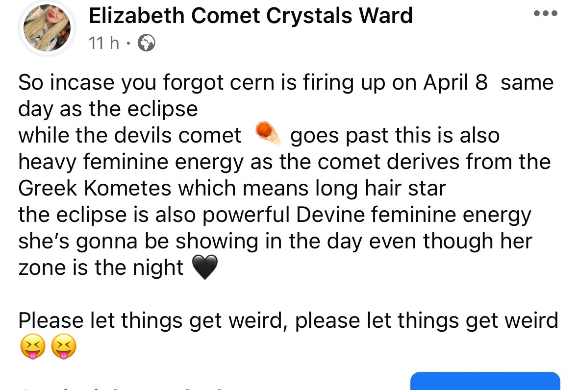 CometWard95062's tweet image. So incase you forgot cern is firing up on April 8  same day as the eclipse 
while the devils comet  ☄️ goes past this is also heavy feminine energy as the comet derives from the Greek Kometes which means long hair star 
#Eclipse2024 #devilscomet #feminineenergy #cern #preistess