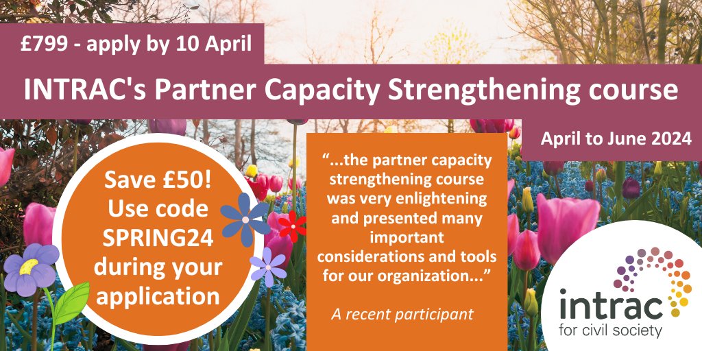 Sign up for INTRAC's forthcoming partner capacity strengthening (PCS) course and save £50! 

Our trainer Caroline Nyamu will guide you through live sessions, in what one participant called "an excellent space for reflection": intrac.org/event/partner-…