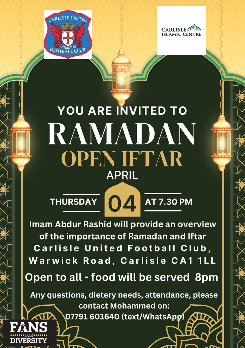 Today we host our first ever Iftar, welcoming our friends from Carlisle Islamic Centre & others. Arrive 7/7.15 for 7.30 start. All welcome, but please message asap if you’d like to come. A few spaces left. See number below. #iftar #Ramadan #FansForDiversity #EFLTogether 🙏🏼☪️