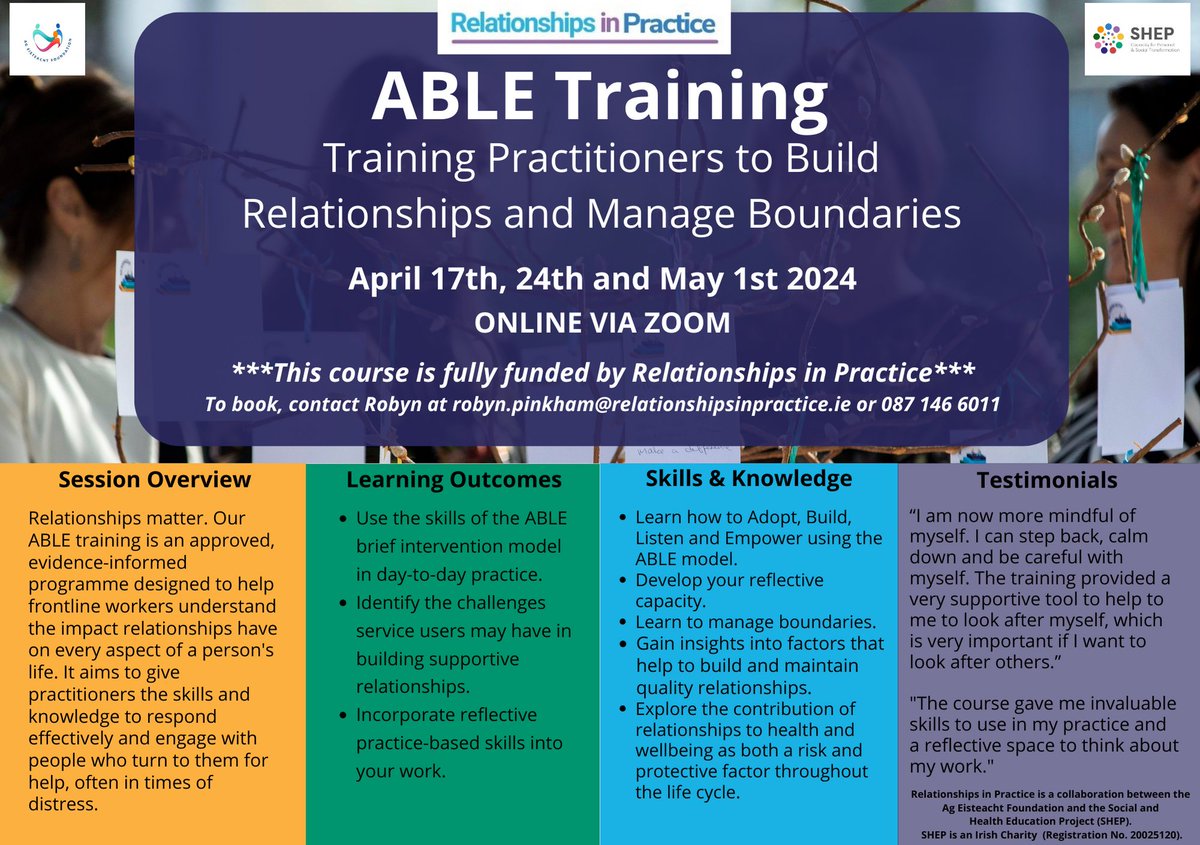 Fully funded ABLE training places available. Develop your understanding of why holding space, listening & building supportive relationships matter. For frontline practitioners in healthcare, social care, education & community roles #Interpersonalskills #CPD #RelationshipsMatter