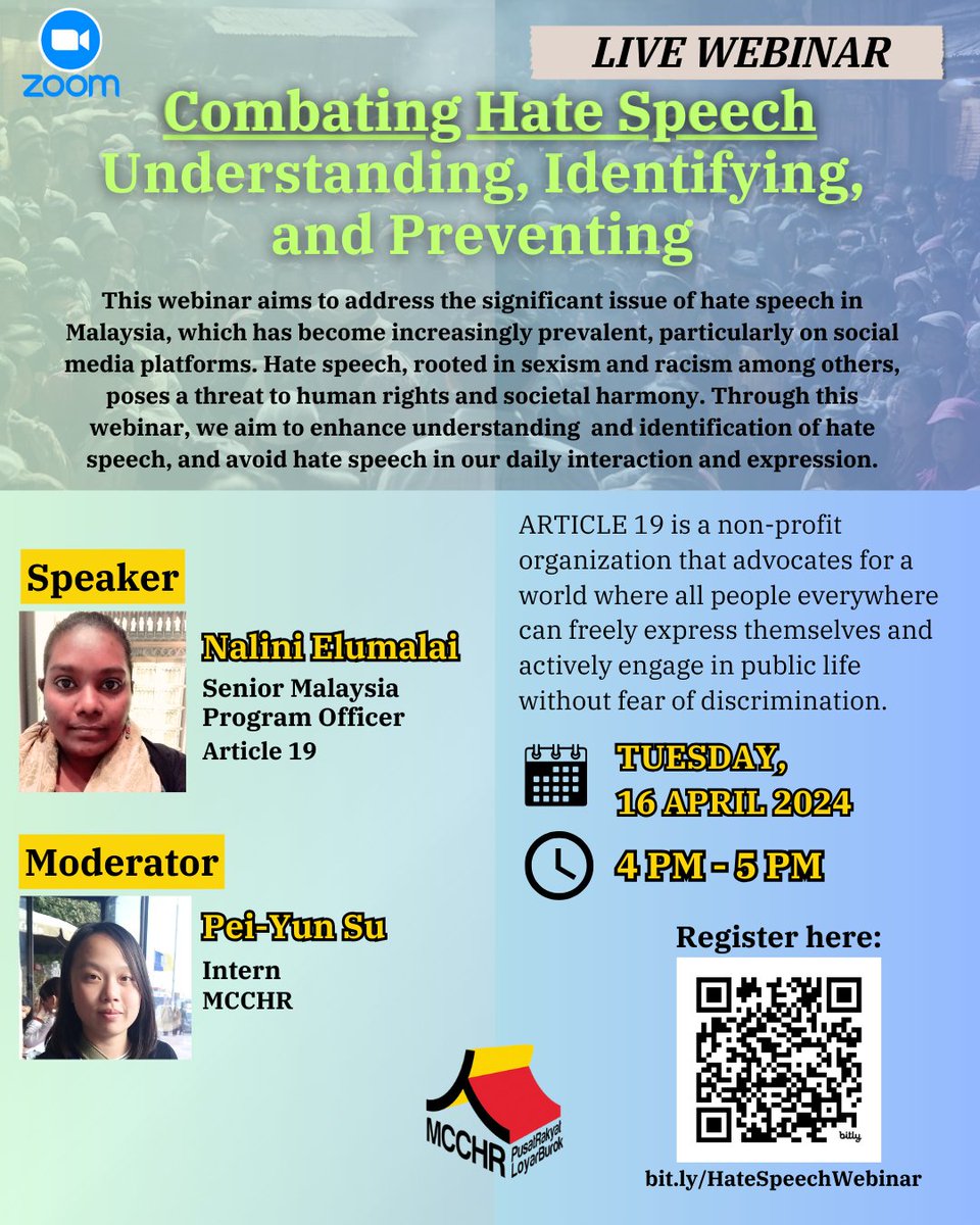 Join us on April 16th for a Zoom webinar on Hate Speech. We are honored to have Nalini Elumalai from ARTICLE 19 as our guest speaker, delving into the impact of hate speech, its definition, and real-life case studies. Let's combat hate speech together! #HumanRights #Webinar