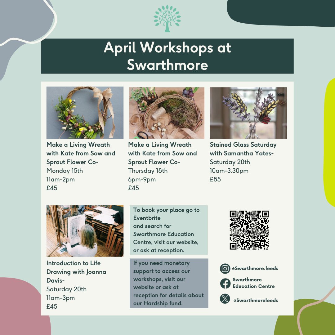 April at Swarthmore! 🌿 We have some fantastic workshops this April to start of spring! From eco friendly living wreaths to gorgeous stained glass pieces and a life drawing workshop. Fill your Easter Holiday and your April with creativity. 💚 eventbrite.co.uk/o/swarthmore-e…