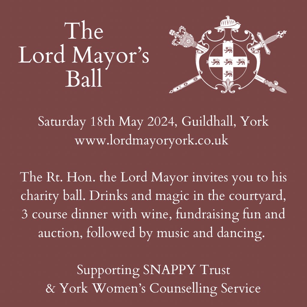 ✨ The Lord Mayor’s charity ball takes place next month… have you got your tickets? ✨ Join the Civic Party and support @SNAPPYYork and @YorkWomens lordmayoryork.co.uk