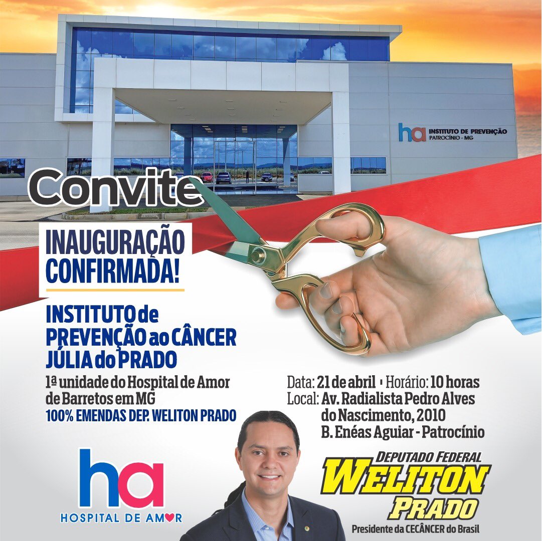 Inauguração confirmada do nosso 1º Instituto de Prevenção ao Câncer de Minas. E, mais, com o selo de qualidade do Hospital de Amor de Barretos. Construído, equipado e custeado 100% com emendas de minha autoria. Prevenção que salva vidas!
