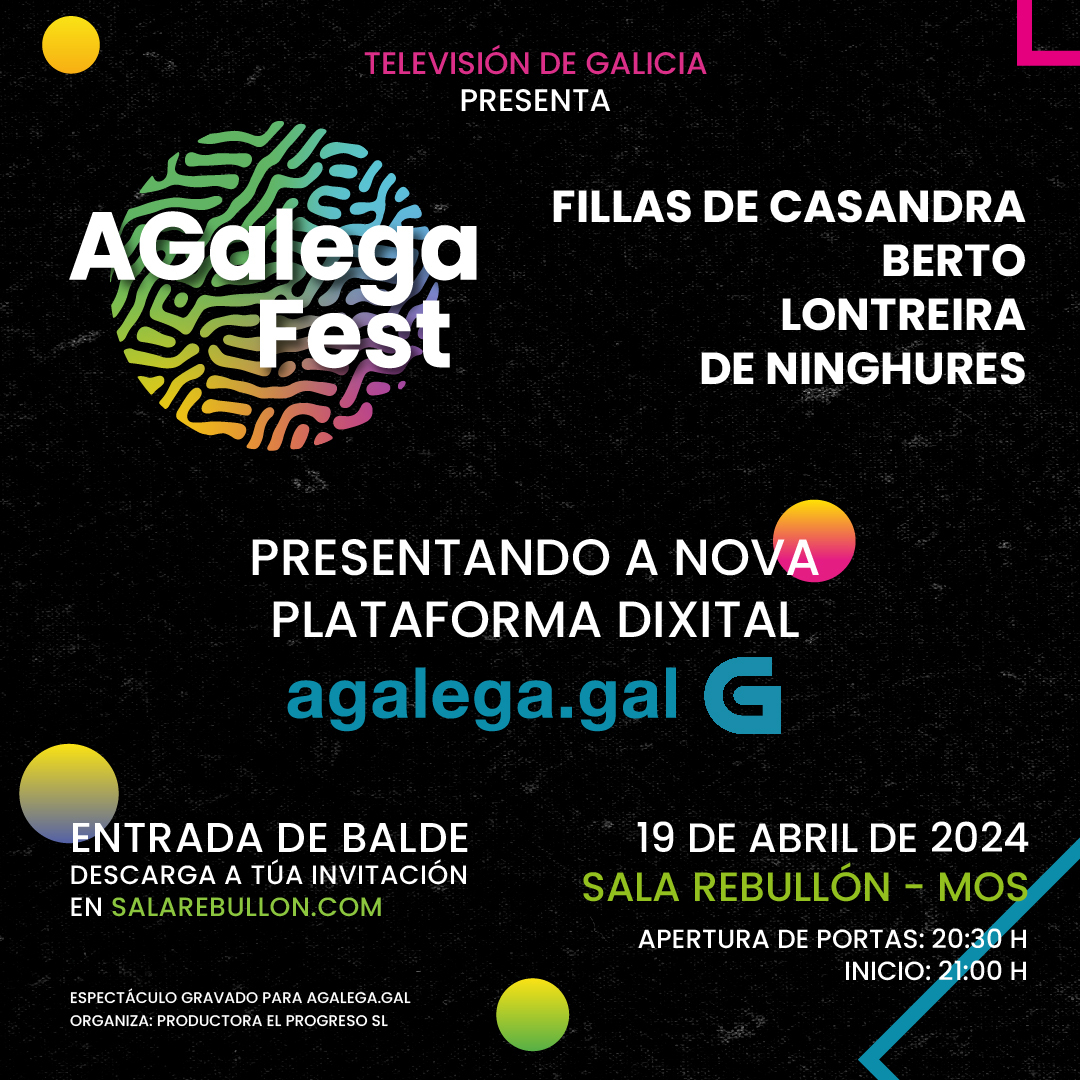 ✨🥁 Xa temos data para o segundo #AGalegaFest 🤩 Celebramos a chegada das nosas plataformas con @fillasdecassmp3, @lontreira, Berto e De ninghures! O 19 de abril en #Mos, entrada de balde! Non quedes sen invitación 😉 #AGalega