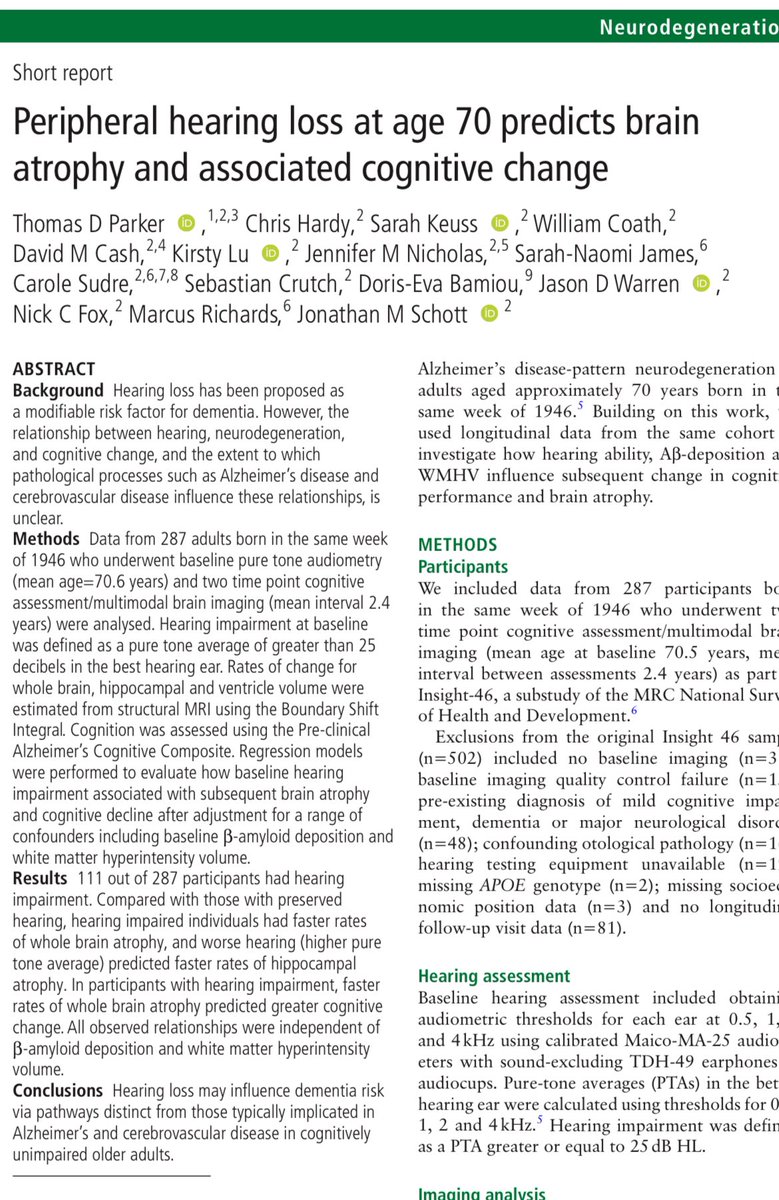 Amidst the coverage of blood based biomarkers, our latest @MRCLHA Insight 46 paper published @JNNP_BMJ — hearing impairment is associated with increased rates of brain atrophy, independent of amyloid and vascular pathology jnnp.bmj.com/content/jnnp/e…