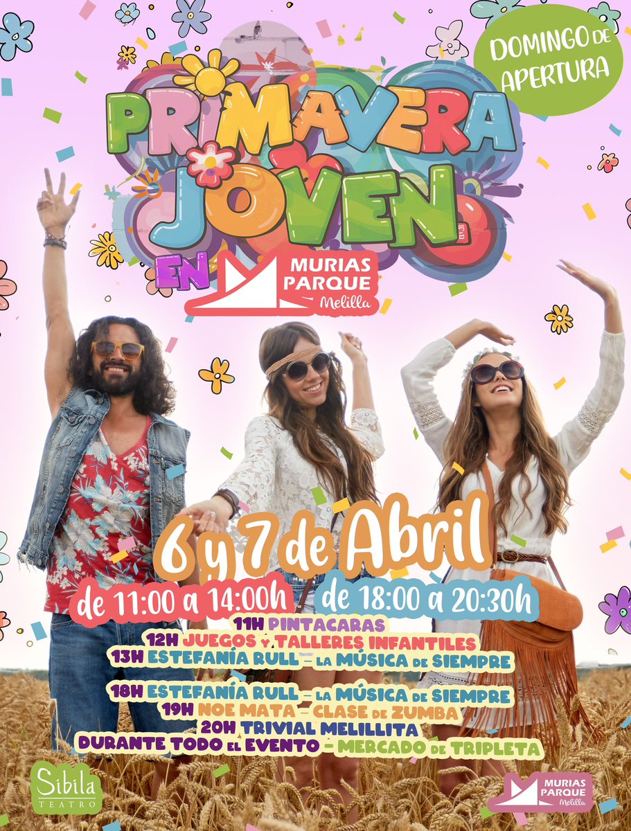 Parque Melilla (@parquemelilla) on Twitter photo ☮️ 🌸 ¡Primavera Joven en <a href="/parquemelilla/">Parque Melilla</a>! 🌼
Sábado 6 y Domingo 7 de Abril
⏰ 11:00-14:00h /18:00-20:30h
🎨 11:00h Pintacaras
🎈 12:00h Juegos y Talleres Infantiles
🎵 13:00h La Música de Siempre
🎶 18:00h La Música de Siempre
💃 19:00h Clase de Zumba
❓ 20:00h Trivial Melillita ☮️ 🌸 ¡Primavera Joven en <a href="/parquemelilla/">Parque Melilla</a>! 🌼
Sábado 6 y Domingo 7 de Abril
⏰ 11:00-14:00h /18:00-20:30h
🎨 11:00h Pintacaras
🎈 12:00h Juegos y Talleres Infantiles
🎵 13:00h La Música de Siempre
🎶 18:00h La Música de Siempre
💃 19:00h Clase de Zumba
❓ 20:00h Trivial Melillita