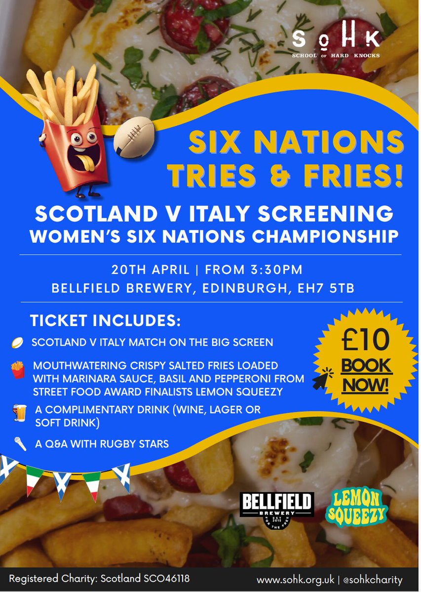 This looks a great way to watch the Italy v Scotland match on 20th April - for a great cause at a cracking venue! Just £10, fries, drink included and a raffle and Q&A. Tickets and more info available here schoolofhardknocks.org.uk/event/womens-s…