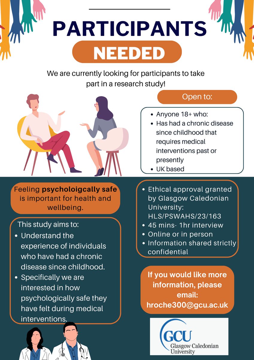 Participants needed for research study. If you are 18+ and have had a chronic disease since childhood, @hannah97_ would love to speak to you about psychological safety during medical interventions. Full details can be found below. @DrLizaMorton @ALLIANCEScot #SelfManagement