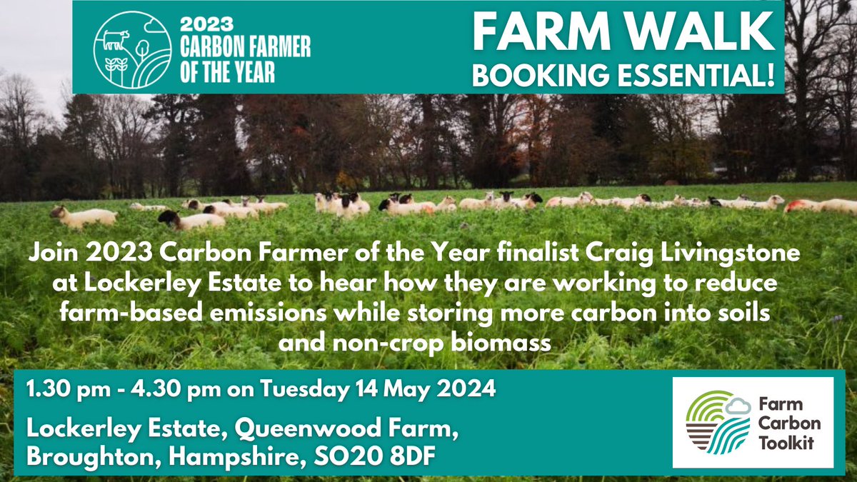 Join Carbon Farmer of the Year Finalist Craig Livingstone at Lockerley Estate in #Hampshire on 14th May 2024 for this farm walk and hear how they're working to reduce farm-based emissions while storing more carbon into soils/non-crop biomass. Book now👇 eventbrite.co.uk/e/carbon-farme…