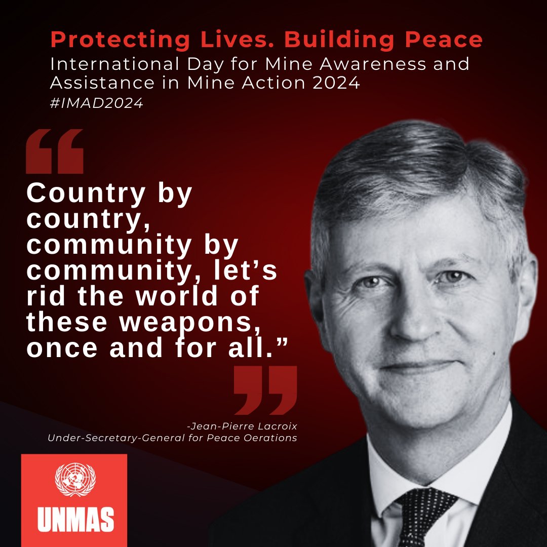 Landmines, explosive ordnance and remnants of war directly threaten millions of people caught up in armed conflicts around the world. On #MineAction day, find out more about how @UNMAS protects civilians and @UN staff. #IMAD2024 👉 unmas.org/en