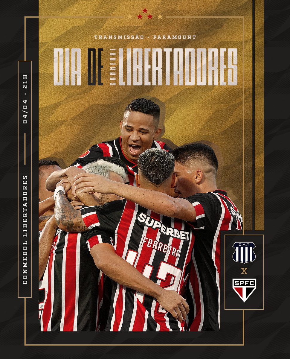 SaoPauloFC's tweet image. Vamos juntos para mais uma @LibertadoresBR!

🔜 Talleres-ARG x São Paulo, às 21h, no Estádio Mario Kempes, pela estreia na competição. Transmissão da Paramount, com narração na SPFC Play!

#DiaDeTricolor
#VamosSãoPaulo 🇾🇪