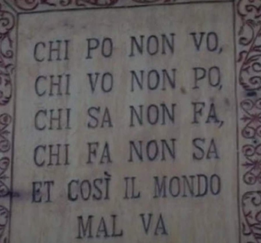 İtalya'nın Ascoli Piceno kasabasında 1529 yılında yazılmış bir duvar yazısında şöyle diyor: Yapabilen istemiyor, isteyen yapamıyor. Bilen yapmıyor yapan bilmiyor ve Dünya böyle kötüye gidiyor. 500 sene önce söylenmiş ama gerçekliği her döneme uyan bir söz.. 🤔