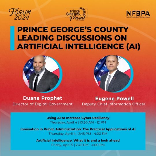 We’re #PrinceGeorgesProud to have two of our Artificial Intelligence subject matter experts speaking on three panels at the @nfbpa1 conference this week. Prince George’s County was rated the top digital county in the nation for the third year in a row by @GovTechNews.