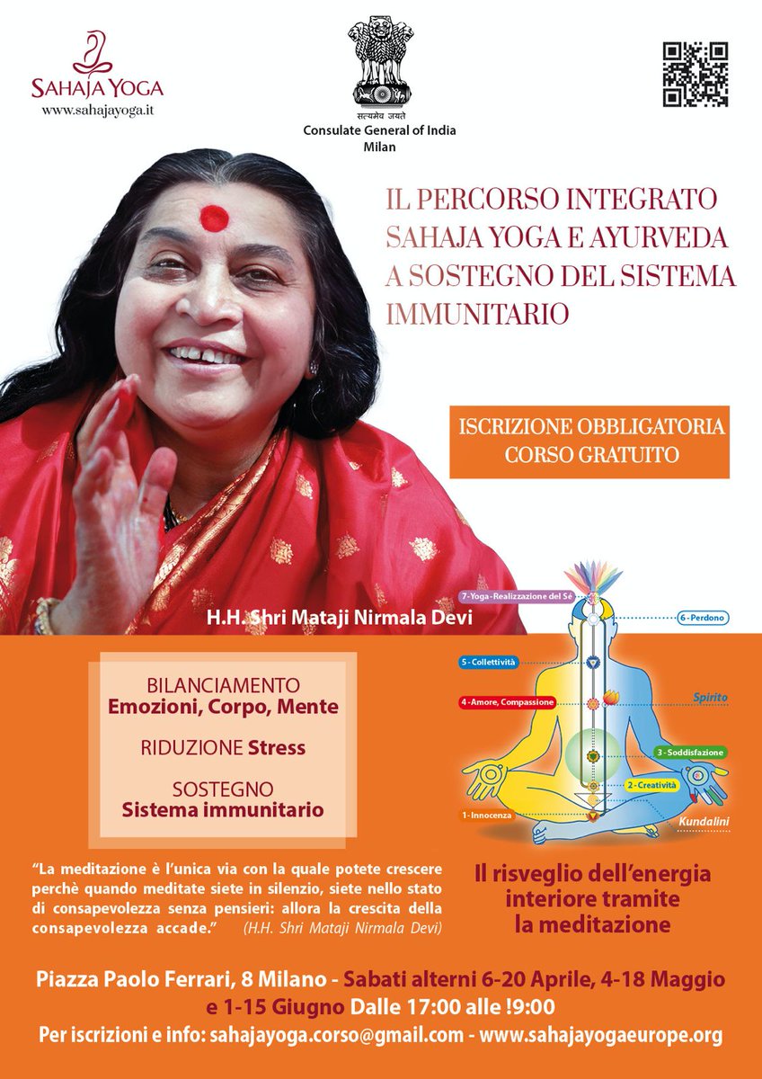 Free Sahaja Yoga sessions will be held at Consulate General of India in Milan from 6th April 2024. More details in the flyer below.