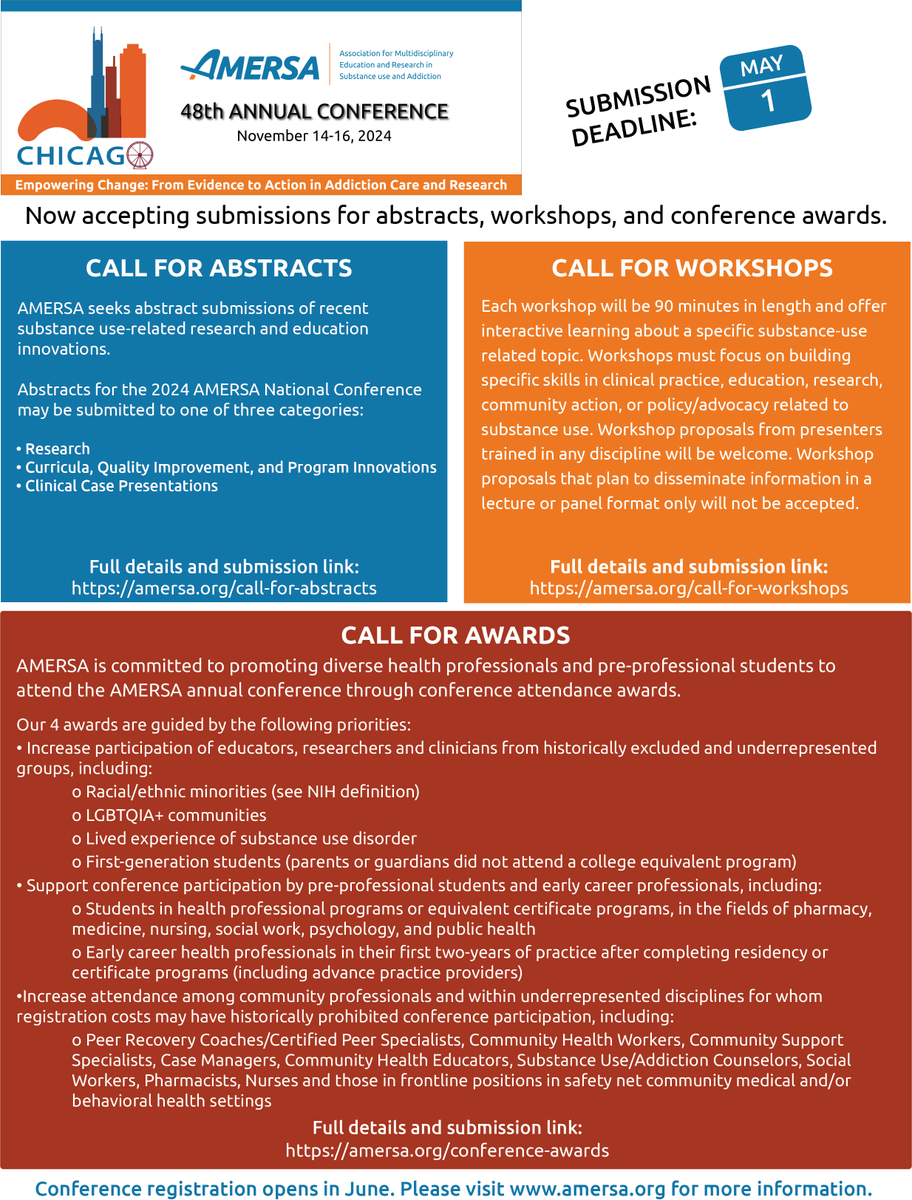 Have you submitted yet? Just under 4 weeks left to submit your abstract, workshop, and award submissions for #AMERSA2024! The deadline to submit is May 1st. 

Visit our conference page for more information &amp; submission instructions: amersa.org/annual-confere…

#chicago #AMERSA