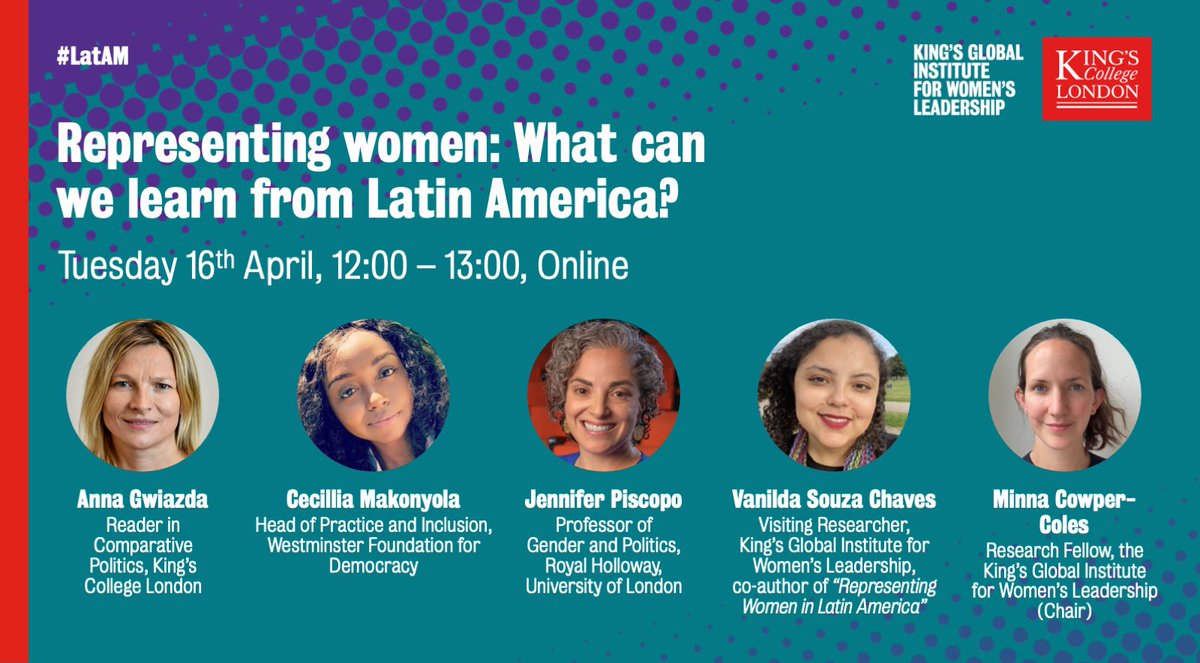 EVENT: Representing women: What can we learn from Latin America? Join us online for the launch of the first report in a series taking a global look at women in politics. W/ Dr Anna Gwiazda @afropolitrix @jennpiscopo Vanilda Souza Chaves & @minnacc 🔗 us02web.zoom.us/webinar/regist…