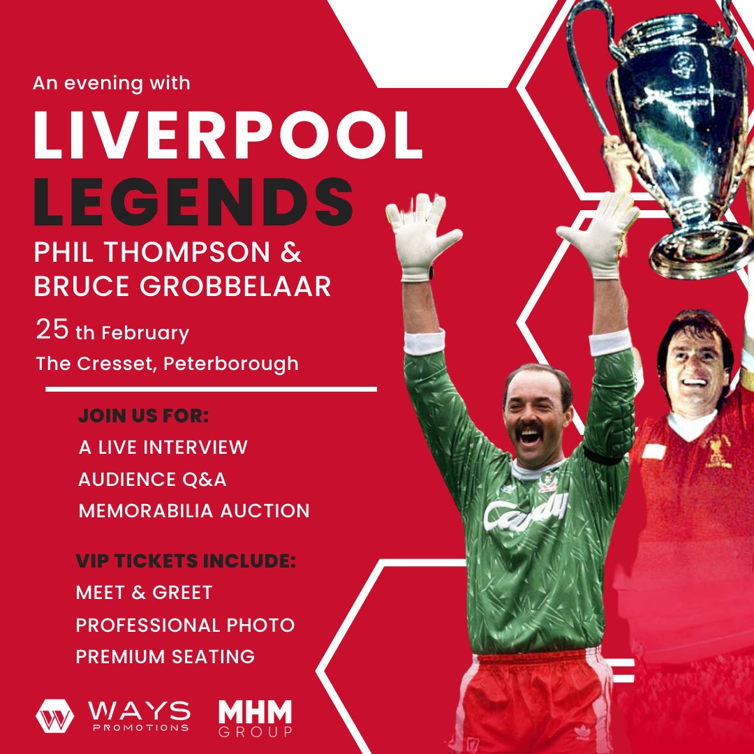 😱 Last Chance To Book! 😱 ⚽Liverpool Legends ⚽ Liverpool Legends Phil Thompson and Bruce Grobbelaar are coming to The Cresset Peterborough for a special evening with over 1200 appearances and 40 trophies. 📅 Wednesday 10th April 2024 🎟️ bit.ly/liverpool-lege…