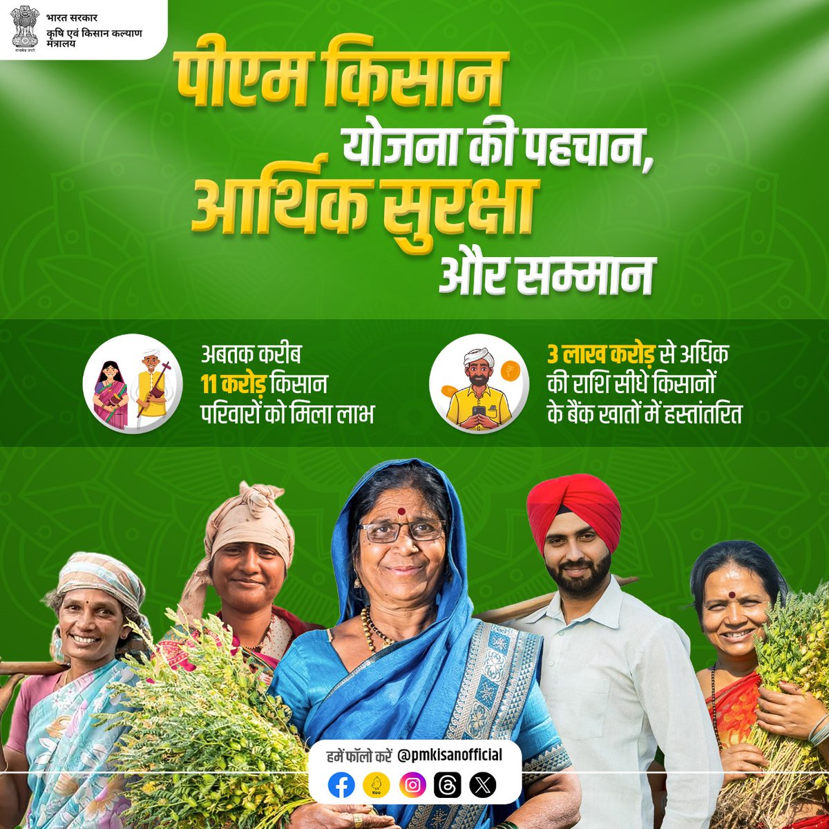 पीएम किसान सम्मान निधि योजना के तहत सभी लाभार्थी किसानों को प्रत्येक वर्ष ₹6000 रुपए की राशि सीधे उनके बैंक खाते में हस्तांतरित की जाती है जिससे अबतक करीब 11 करोड़ किसान परिवारों को ₹3 लाख करोड़ से अधिक की राशि हस्तांतरित की जा चुकी है।

#PMKisan #PMKisanSammanNidhi