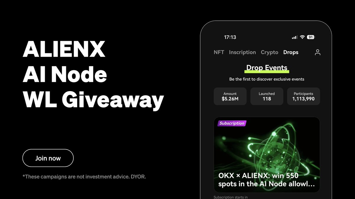 OKX Wallet (@wallet) on Twitter photo 👽 We're teaming up with ALIENX to bring you the AI Node WL Giveaway!
🎁 250 T5 WLs + 300 T6 WLs
🔚 8 Apr, 4pm UTC
Join now👇
bit.ly/4cGszw1
💫 <a href="/ALIENXchain/">ALIENX 👽⛓️</a> is a staking blockchain driven by AI nodes, built for the mass adoption of NFTs and games. 👽 We're teaming up with ALIENX to bring you the AI Node WL Giveaway!
🎁 250 T5 WLs + 300 T6 WLs
🔚 8 Apr, 4pm UTC
Join now👇
bit.ly/4cGszw1
💫 <a href="/ALIENXchain/">ALIENX 👽⛓️</a> is a staking blockchain driven by AI nodes, built for the mass adoption of NFTs and games.