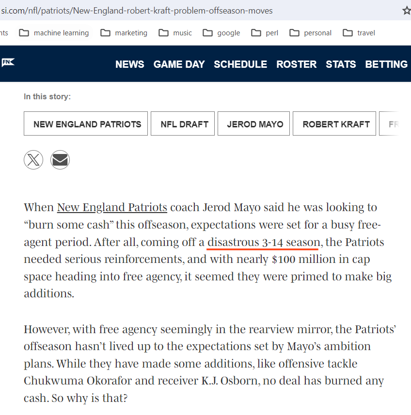 Another example of AI content gone wrong.  Note that the Patriots record was 4-13, and the same mistake is made a second time further down in the article. These types of mistakes don't reflect well on your business!