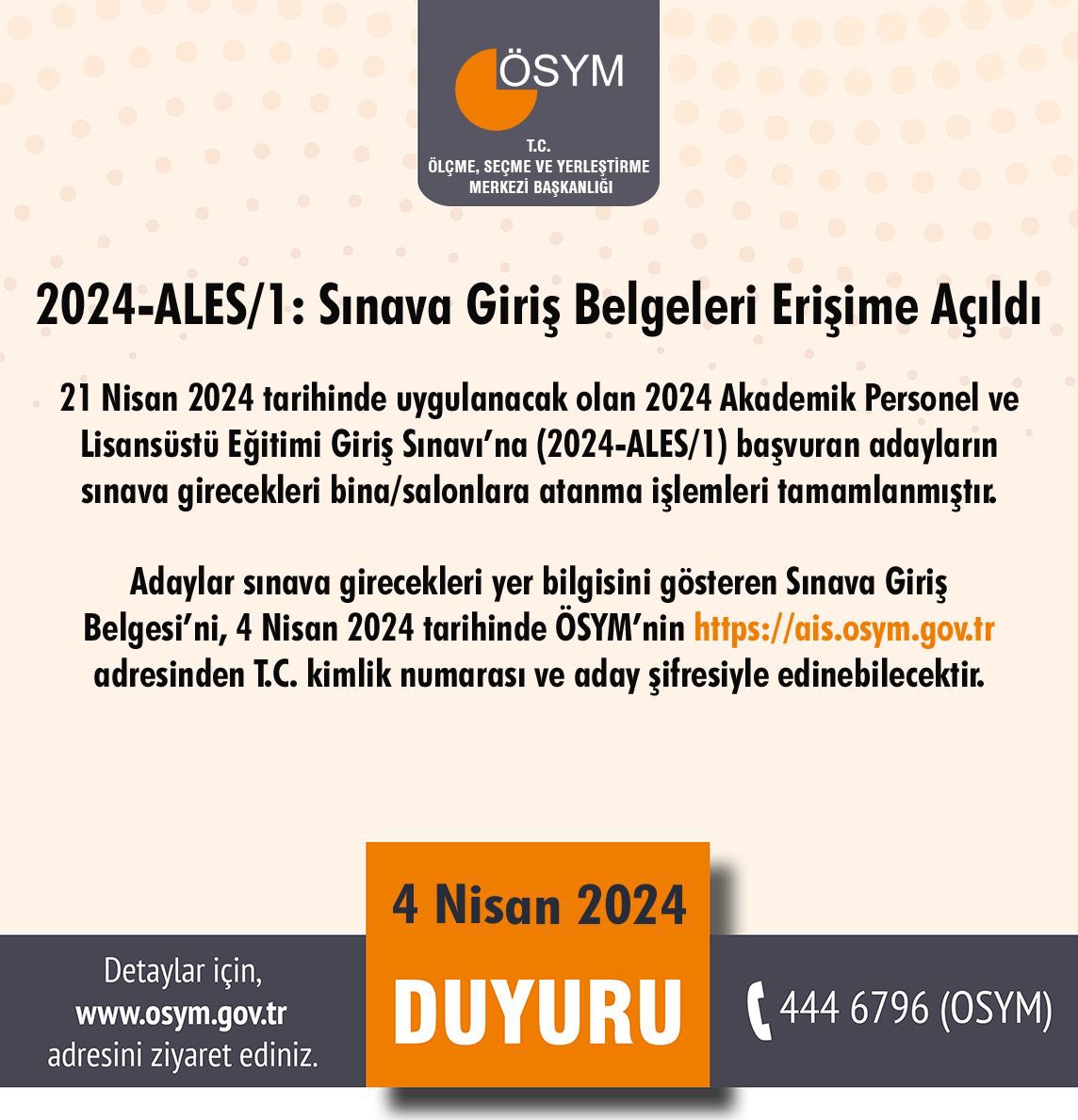 2024-ALES/1: Sınava Giriş Belgeleri Erişime Açıldı osym.gov.tr/TR,29299/2024-…