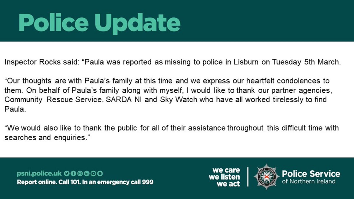 Following a post-mortem examination, the Police Service of Northern Ireland can confirm that a body recovered from the River Lagan in Lisburn on Monday 1st April, is that of 52-year-old Paula Elliott.