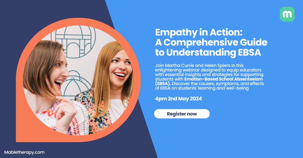 Transform your approach to student support 🌟 Join @marthacurrie & @spiers_helen for a webinar on Emotion-Based School Absenteeism (EBSA). Unlock insights & strategies to support students effectively. Don't miss out! #EBSA mabletherapy.zoom.us/meeting/regist…