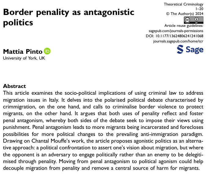 My new article ‘Border Penality as Antagonistic Politics’ has been published in @TheoreticalCrim as FirstView & OpenAccess!!! You can read it here: journals.sagepub.com/doi/10.1177/13… @UoYLaw @CAHRyork 1/8