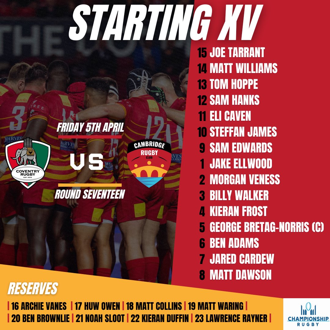 SQUAD NEWS! Head coach Richie Williams has named his side to face @CoventryRugby in tomorrow’s round seventeen @Champrugby clash! 🔗 Read full article: cambridgerugby.co.uk/cambridge-rugb…