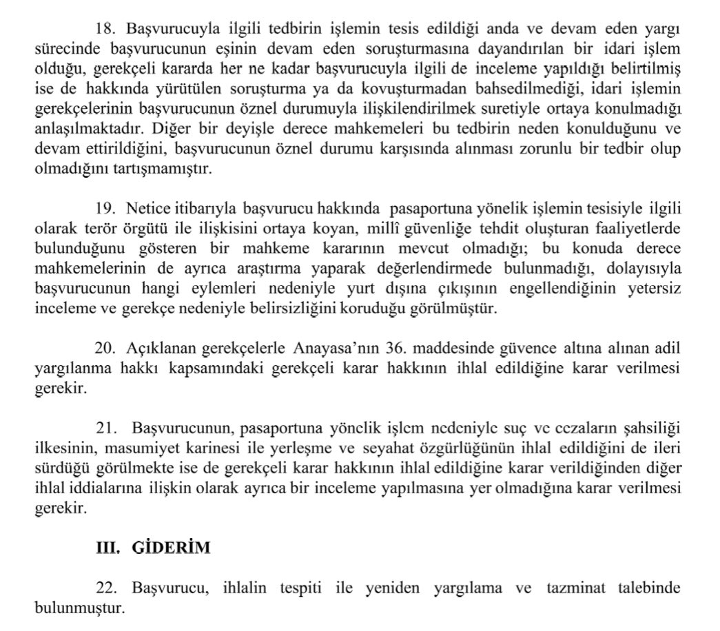 EŞİ DOLAYISIYLA HAVALANINDA PASAPORTA EL KOYMA ✅AYM, eşiyle ilgili soruşturma/kovuşturmadan dolayı Havaalanında kişinin pasaportuna “zayi” kaydı nedeniyle el konulmasının “hak ihlali” olduğunu belirtmiş. Bu yönde karar vermiş. ✅Pasaportuyla ilgili bu tür engelleri olanlar, bu…