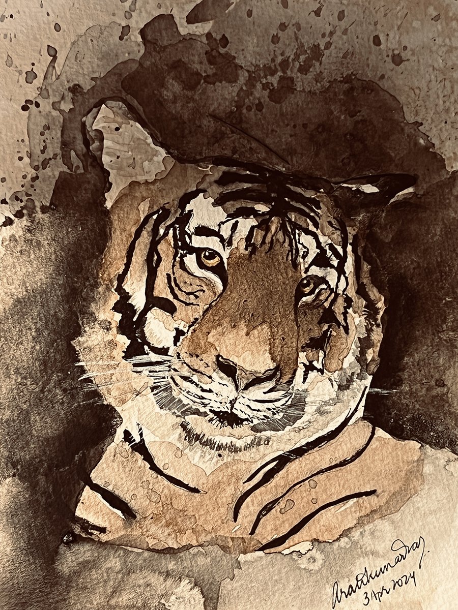Running from task to neverending task, I wanted a break. So at the dining table last nite, I splashed some coffee & ink to fashion a #tigress Looks a little wonky, yea… if I’d taken care, would’ve been better! But felt great :) #Illustration always feels good #tigers #natureart