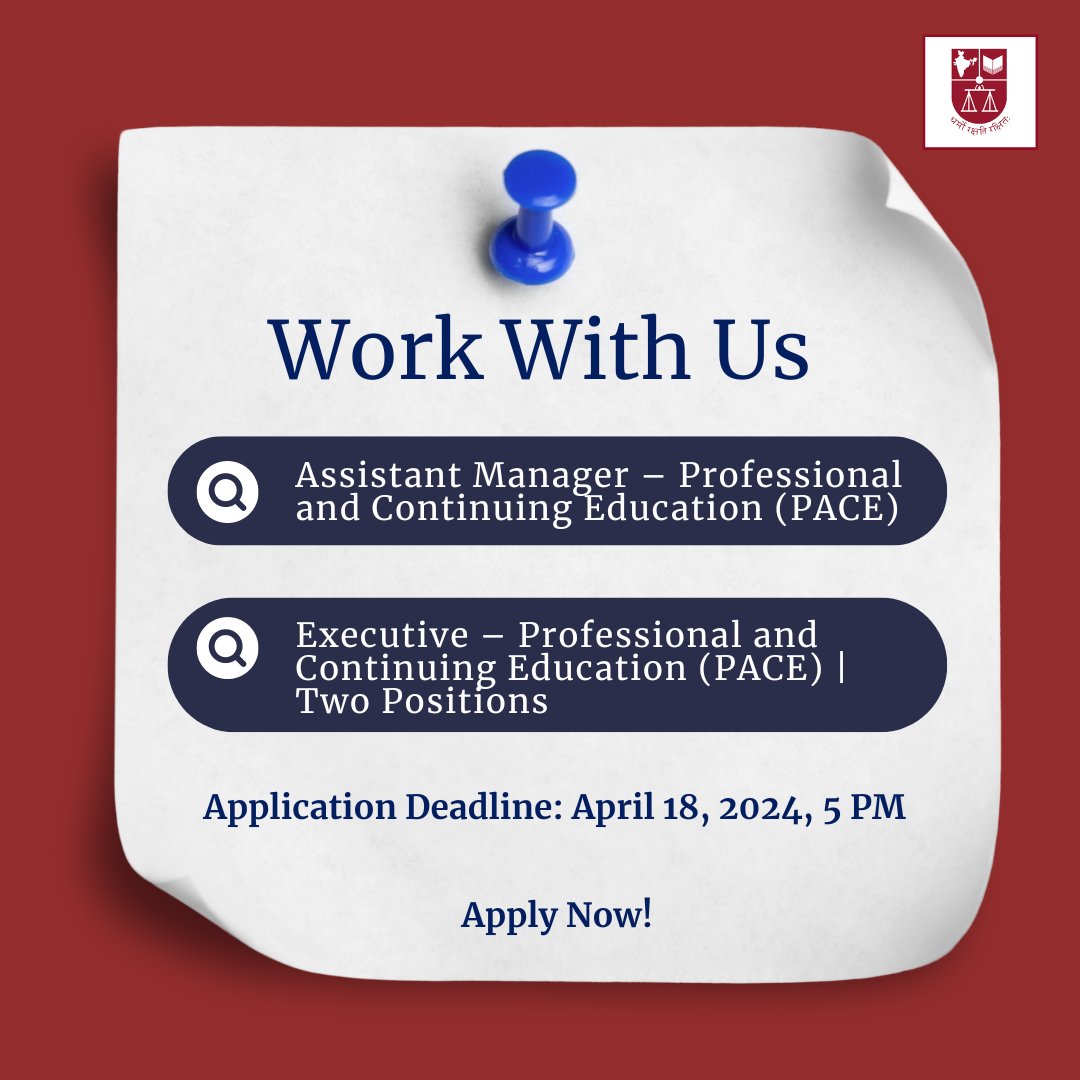 NLSIU invites applications for the following positions: - Assistant Manager – Professional & Continuing Education (PACE) - Executive – Professional & Continuing Education (PACE) | Two Positions Application Deadline: April 18, 2024 Know more & apply nls.ac.in/news-and-event…
