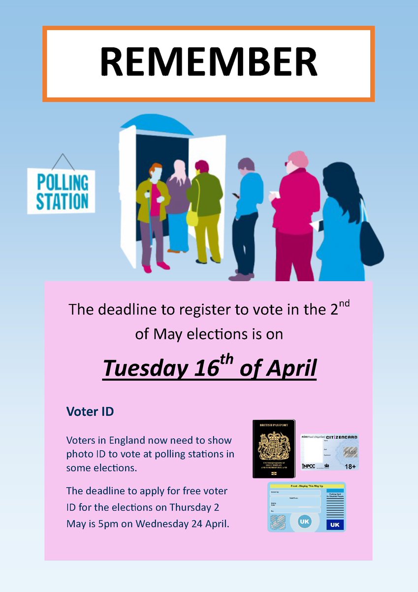 Remember to register if you would like to vote in the May election. The vote for the mayor of London is on Thursday 2 May. 🗳️ You will need to bring your VOTER ID when you go to vote. 🪪 @V4CE #Election2024