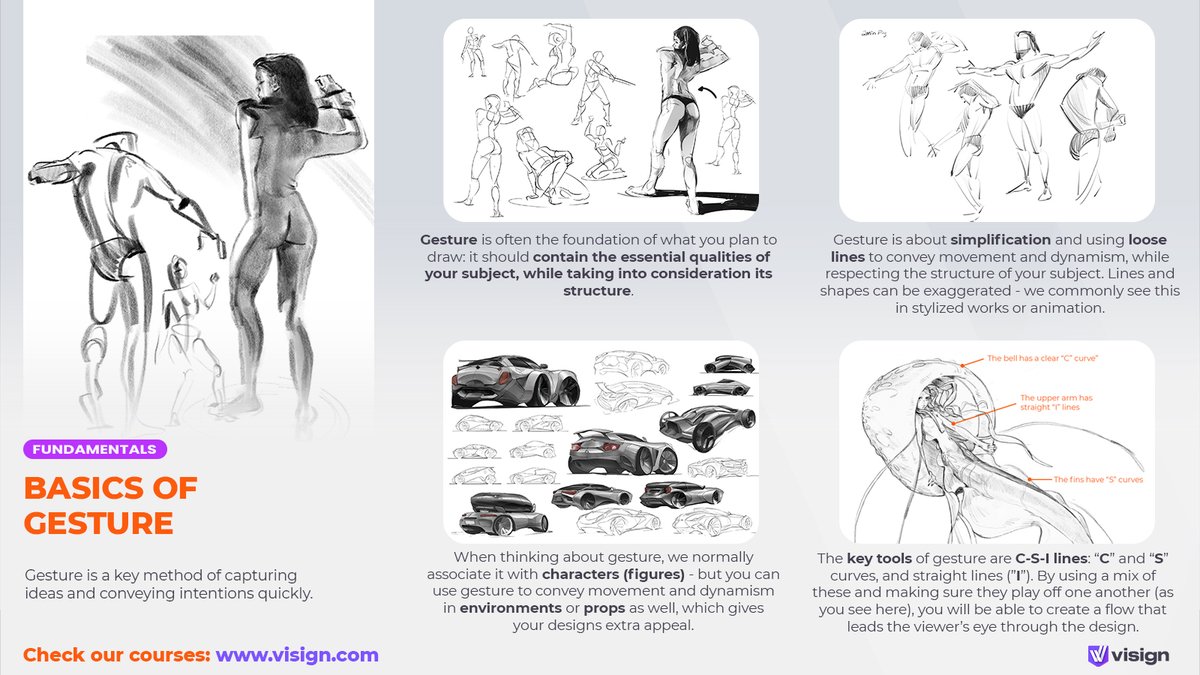 Gesture is a key method of capturing ideas and conveying intentions quickly. Let's have a look at some important aspects to know about gesture. The figure drawings here were done by our artists in our recent drawing sessions on Discord!
