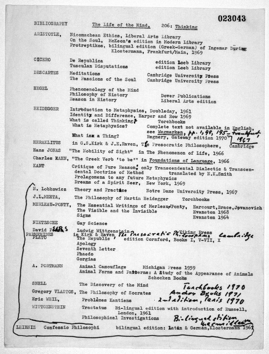 Hannah Arendt's syllabus for 'Thinking,' taught in 1974