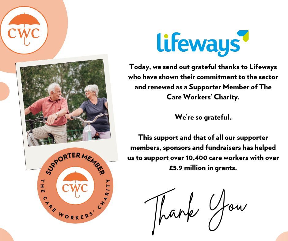 📣 👏 Our grateful thanks goes out to @LifewaysGroup who have shown their commitment to the sector and signed up as Supporter Members of #TheCareWorkersCharity. We’re so grateful #CareSector #UKCare #Care #ThankYou #SupporterMember #CareProviders #CareWorkers #ThankYouThursday