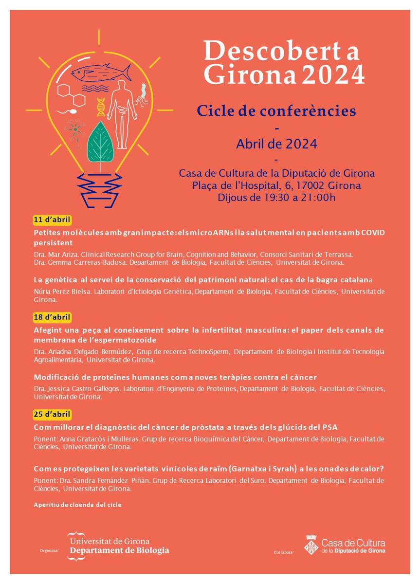 S (@s_bave) on Twitter photo Els dijous d’Abril, a la <a href="/casadeculturagi/">Casa Cultura Girona</a>, xerrades súper interessants sobre la recerca que es fa al Departament de Biologia de la <a href="/UdGCiencies/">Facultat de Ciències</a>
Animeu-vos a venir!! Els dijous d’Abril, a la <a href="/casadeculturagi/">Casa Cultura Girona</a>, xerrades súper interessants sobre la recerca que es fa al Departament de Biologia de la <a href="/UdGCiencies/">Facultat de Ciències</a>
Animeu-vos a venir!!
