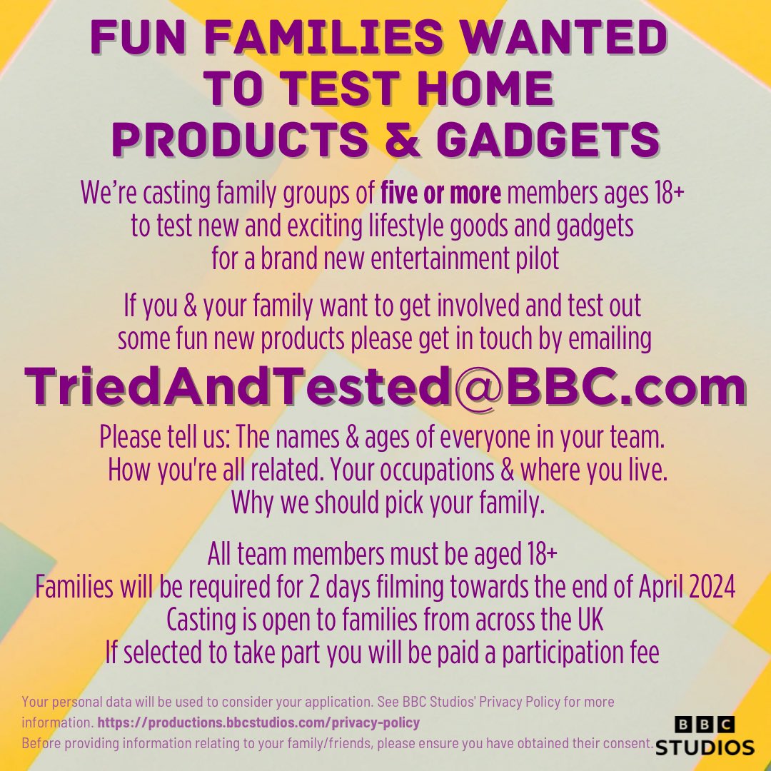 BBC Studios. Casting Family Groups Nationwide for a new BBC Entertainment Pilot. If you’re interested in taking part email TriedAndTested@BBC.com 
Filming dates are towards the end of April, <a href="/OfficialCastMe/">Cast Me</a> 
#family #tvshow #uktvcasting #bbc #castingcall #ukcastingcall #beontv