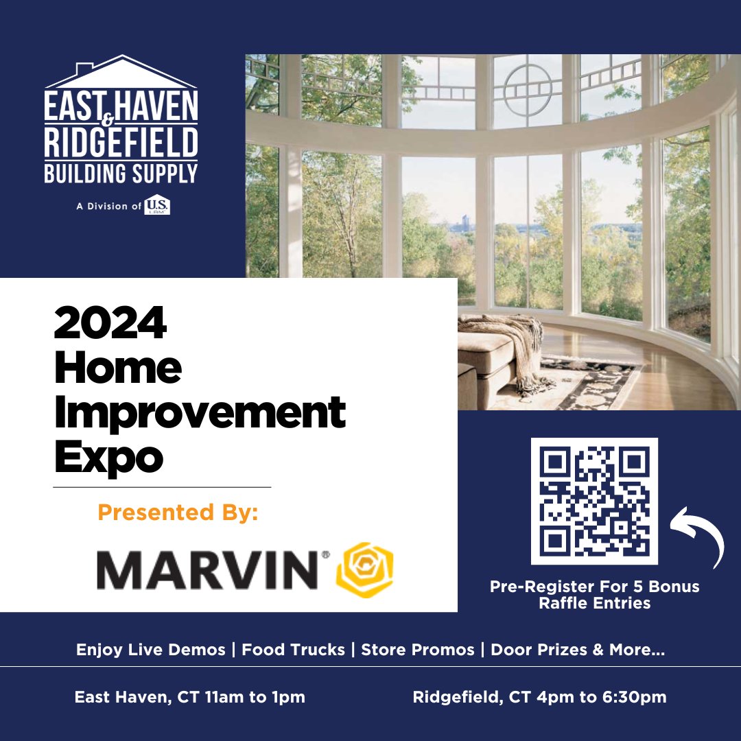 Join us on Wednesday May 1st for our Annual Home Improvement Expo. There are two locations for you to choose from based on your schedule. Pre-Register to receive 5 bonus entries toward the Door Prize: bit.ly/EHRBSexpo

#EHRbuildingsupply #EastHavenCT #RidgefieldCT